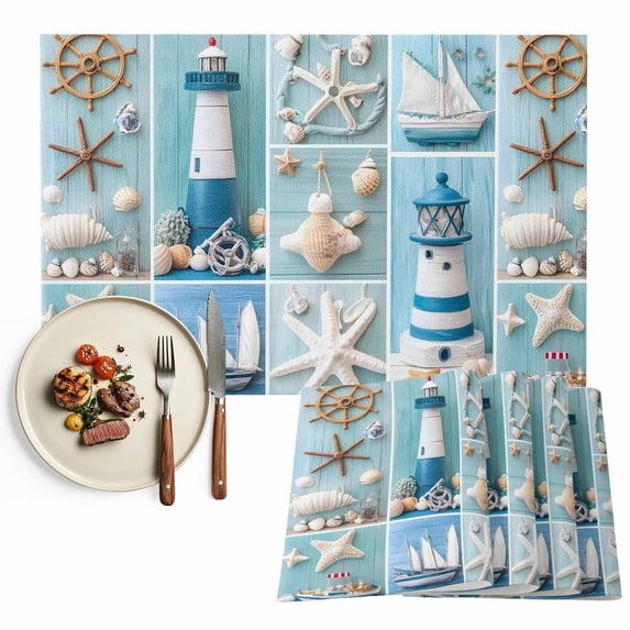 Coastal Nautical Placemats Set of 12, Beach Anchor Lighthouse Starfish Table Mats Washable Heat-Resistant Non-Slip Place Mats for Kitchen Dinner Table Indoor Outdoor Decor,13x19 Inch Blue