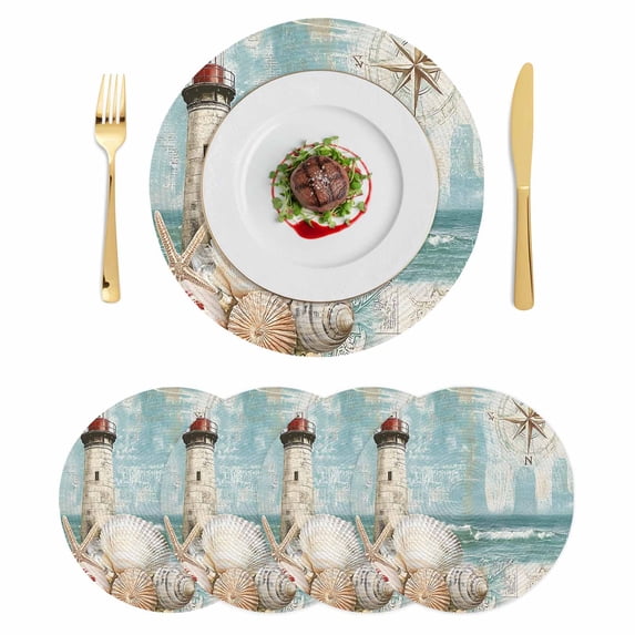 Coastal Nautical Round 13 Inch Placemats Set of 4, Summer Beach Wave Starfish Shell HeatResistant Non Slip Place Mats for Dining Table, Wipeable Braided Kitchen Table Mats for Housewarming