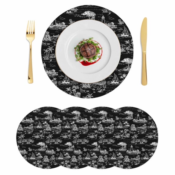 Coastal Nautical Round 13 Inch Placemats Set of 4, Summer Ocean Beach Sea Corals Black HeatResistant Non Slip Place Mats for Dining Table, Wipeable Braided Kitchen Table Mats for Housewarming