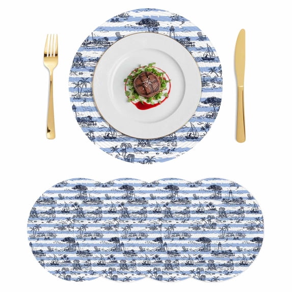 Coastal Nautical Round 13 Inch Placemats Set of 4, Summer Ocean Sea Corals Blue Striped HeatResistant Non Slip Place Mats for Dining Table, Wipeable Braided Kitchen Table Mats for Housewarming