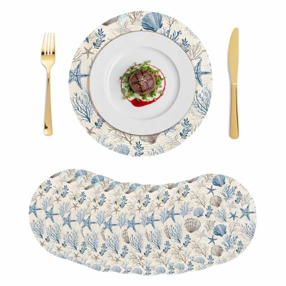 Coastal Nautical Round 15 Inch Placemats Set of 8, Beach Ocean Starfish Seashells Coral HeatResistant Non Slip Place Mats for Dining Table, Wipeable Braided Kitchen Table Mats for Housewarming