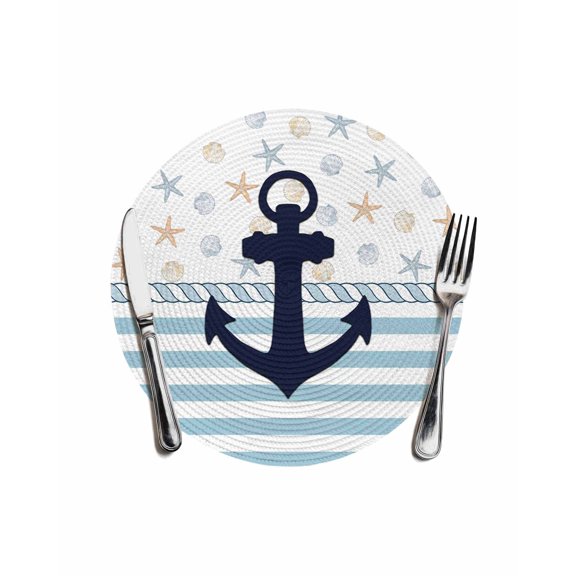 Coastal Nautical Round Placemats for Dinning Tables,Heat-proof Braided Table Mats 13 Inch,Blue Striped Starfish Shell Beach Washable Place Mat for Kitchen Restaurant Party Decor Table Setting