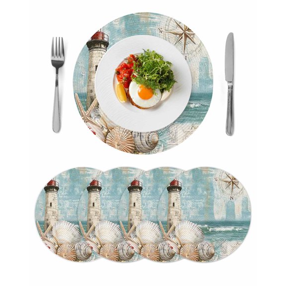 Coastal Nautical Round Placemats Set of 4 for Dinning Tables,Heat-proof Braided Table Mats 15 Inch,Summer Beach Wave Starfish Shell Washable Place Mat for Kitchen Restaurant Party Decor Table Setting