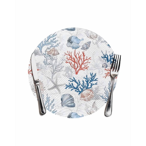 Coastal Nautical Round Table Placemats 1 pc, Ocean Coral Shell Pattern Washable Woven Place Mats for Dining Tables Kitchen Party Decor,Heat Proof, 13in, Blue Aqua