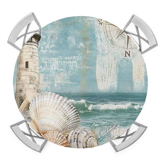 Coastal Nautical Round Tablecloth for 45-54 Inch Tables, Fitted Table Cover with Elastic Edge, Summer Beach Wave Starfish Shell Waterproof Outdoor Table Cloth Protector for Patio Garden Dinner Picnic