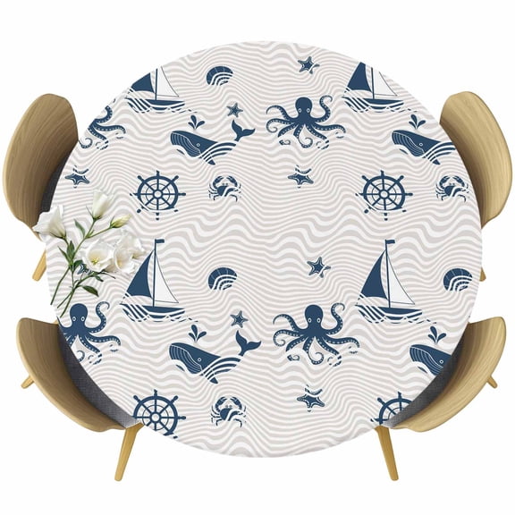 Coastal Nautical Round Tablecloth, Fitted Table Cover with Elastic for 55"-60" Round Tables, Summer Ocean Octopus Starfish Grey Wave Table Cloth Outdoor Indoor Dinning Party Waterproof Tablecloths