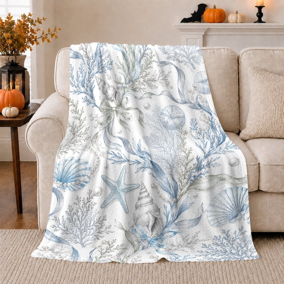 Coastal Nautical Sea Life Coral, Peaceful Coastal Landscape Scene, Warm Flannel Blanket for Beach House and Living Room, Beach Lovers Housewarming Gift, Coastal Home Decor