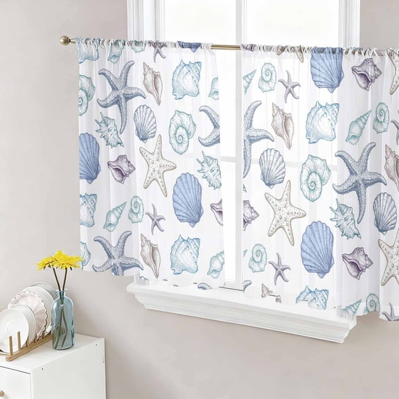 Coastal Nautical Sheer Curtains 45 Inch Length 2 Panels Set, Watercolor Beach Shell Starfish Conch Summer Voile Window Treatment Rod Pocket Small Kitchen Curtains Drapes for Bedroom 52"x45"x2
