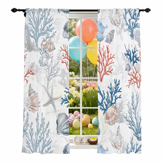 Coastal Nautical Sheer Curtains 96 Inch Long Rod Pocket Semi Transparent Light Filtering Window Drapes for Kitchen Bedroom Living Room,2 Panels, Ocean Coral Shell Pattern Blue Aqua