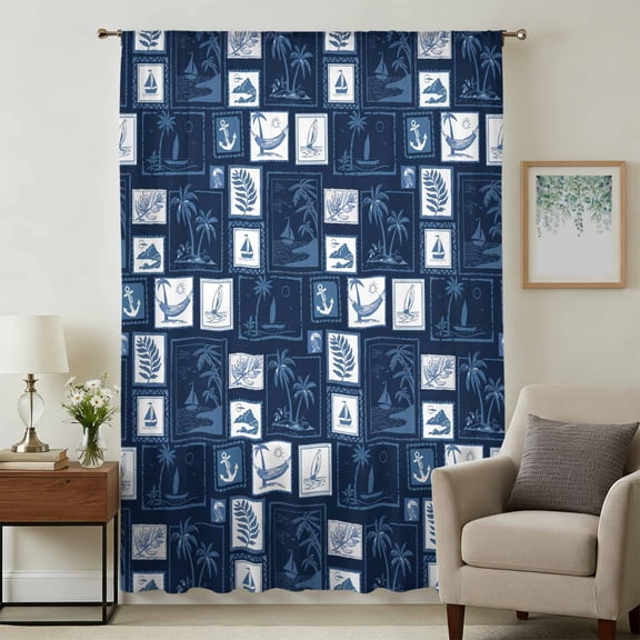 Coastal Nautical Sheer Curtains 96" Long for Living Room, Summer Ocean Sea Navy Blue Plaid Checkered Light Filtering Privacy Drapes, Breathable Semi Sheer Window Treatment for Bedroom Dining Room