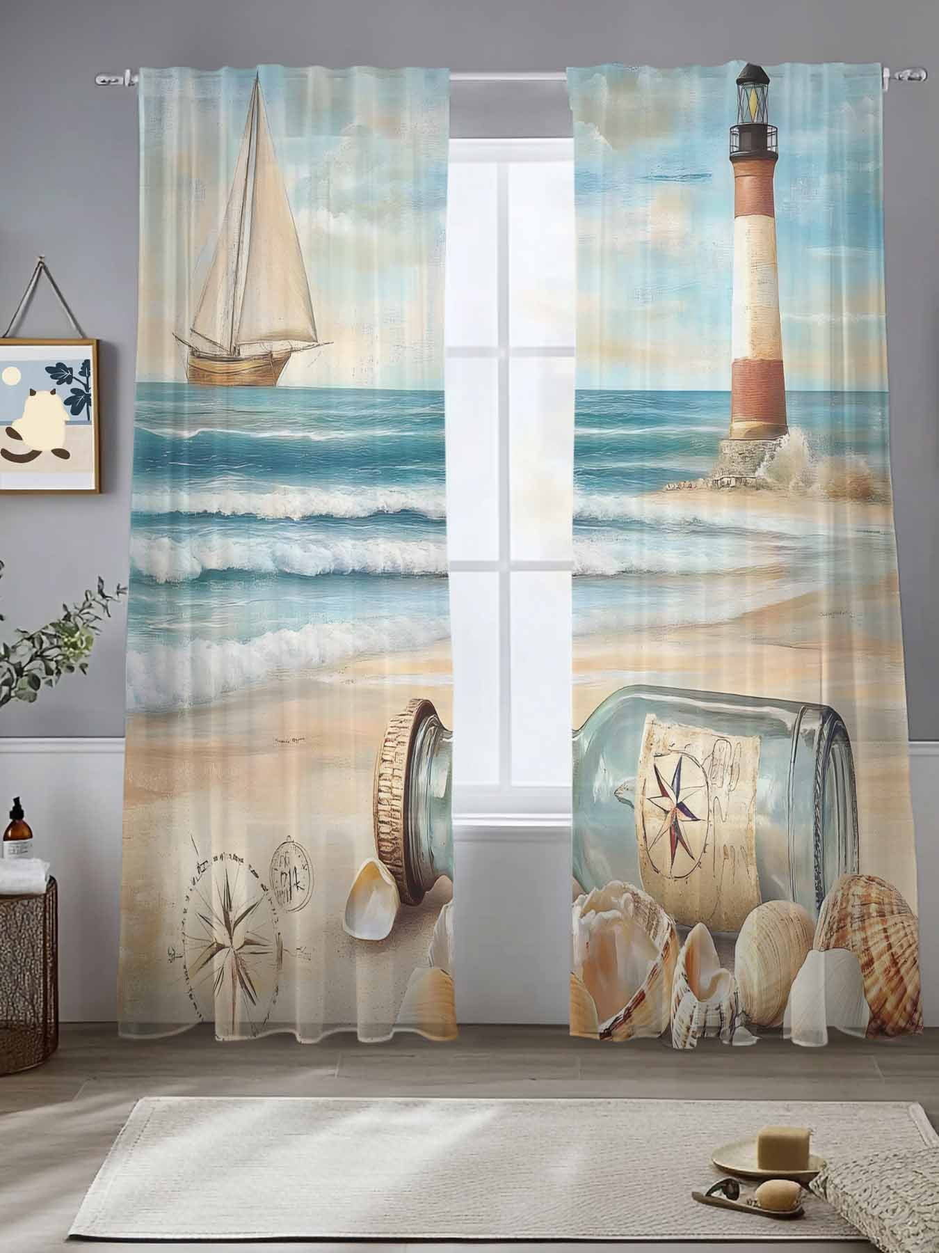 Coastal Nautical Sheer Curtains for Living Room Bedroom Summer Ocean