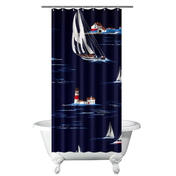 Coastal Nautical Shower Curtain with Anchor, Boat, Sea, Marine, and Ocean Waves Pattern, Lighthouse and Map Design, Waterproof Fabric Curtain with Hooks