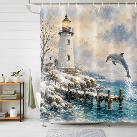 Coastal Nautical Shower Curtain for Bathroom, Winter Ocean Lighthouse Dolphins Snowy Waterproof Fabric Shower Curtain with 12 Hooks, Bathroom Curtain Set for Bathroom Decor, 36 x 72 Inches