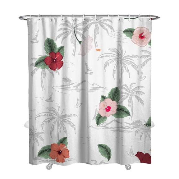 Coastal Nautical Shower Curtain, Hawaiian Island Classic and Tropical Palm Tree Vibe, Aloha Beach Vacation Fabric, Waterproof with Hooks, Machine Washable for Summer Use