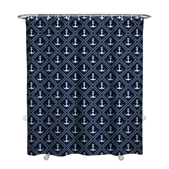 Coastal Nautical Shower Curtain, Marine Anchor, Boat, and Ocean Waves Print with Lighthouse, Map, Compass, Coral, and Sailing Vessel Pattern, Waterproof Bathroom Fabric 72x84