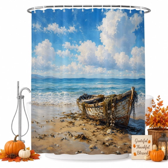 Coastal Nautical Shower Curtain Set - 48" x 72" Washable Bathtub Curtain with 12 Hooks, Summer Ocean Beach Sail Waves Sky Blue Waterproof Fabric Stall Shower Curtains for Bathroom/Bathtub Décor