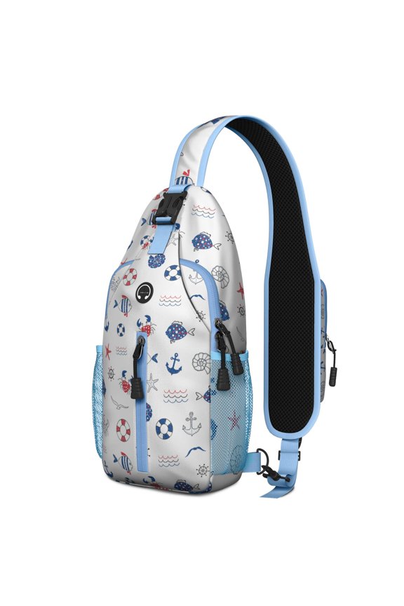 Coastal Nautical Sling Backpack with Sailing Vessel, Helm, and Tide Horizon Design, Lightweight Crossbody Daypack with Adjustable Strap and Multiple Compartments for Beach and Seaside