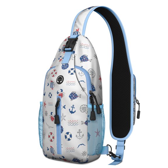 Coastal Nautical Sling Backpack with Sailing Vessel, Helm, and Tide Horizon Design, Lightweight Crossbody Daypack with Adjustable Strap and Multiple Compartments for Beach and Seaside