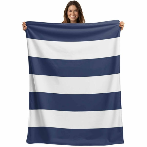 Coastal Nautical Striped Throw Blankets, Navy Blue White Soft Fleece Blanket Decorative for Home Sofa Couch Chair Living Bedroom, 32x48 Inches,