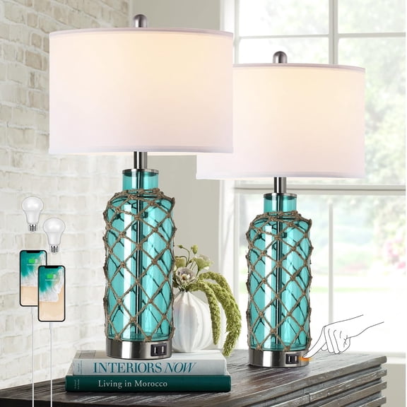 Coastal Nautical Table Lamp Set of 2, Touch Control Blue Green Glass Rope Net Bedside Lamps with 2 USB Ports, 3-Way Dimmable Nightstand Lamps with White Shade for Living Room Bedroom