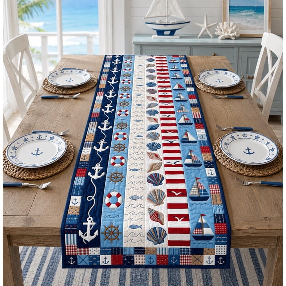 Coastal Nautical Table Runner, Beach House Table Decor, Sailboat Seashell Anchor Runner, Ocean Dining Room Decor, Beach Theme Table Runner