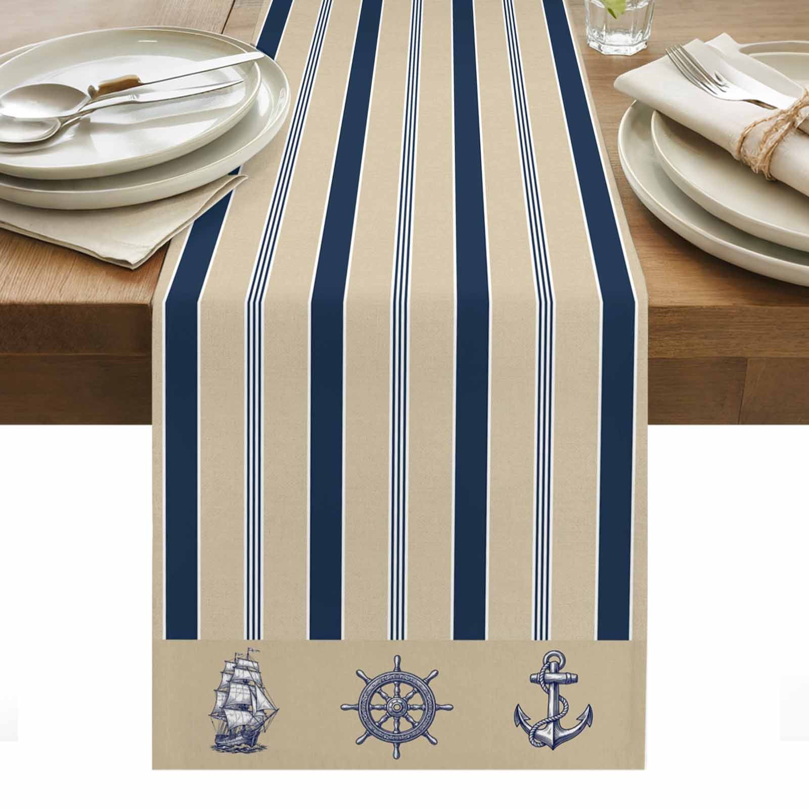 Coastal Nautical Table Runner Brown Navy Stripes Ocean Rudder Anchor ...