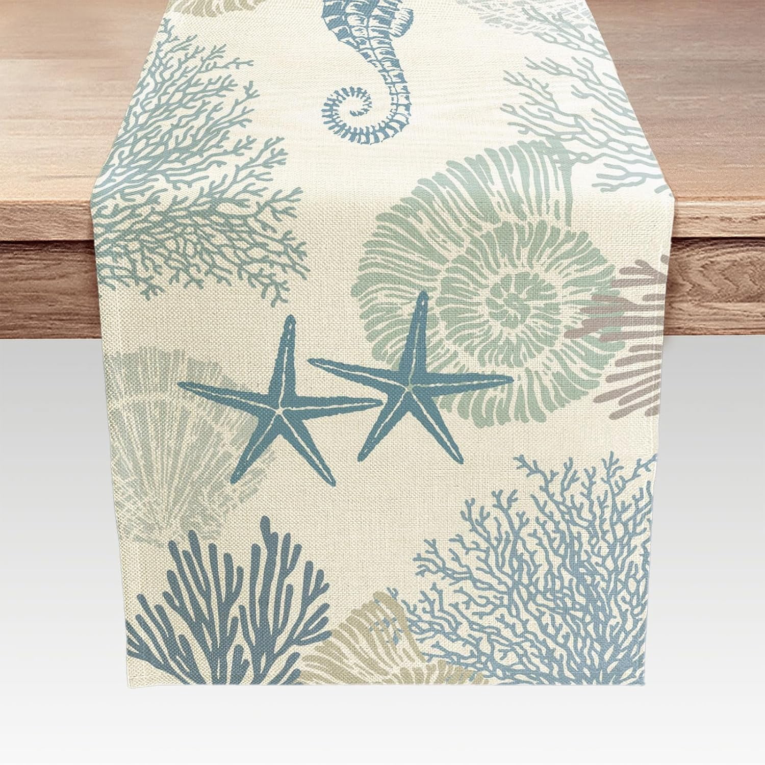 Shell Table Runner Coastal Nautical Table Runner, Ocean Sea Shells Stars Seahorse and ...