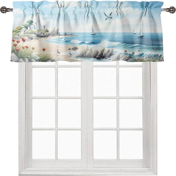 Coastal Nautical Thermal Insulated Window Curtain Valance Lighthouse Ocean Beach Seasides Rod Pocket Valance Curtains for Living Room Kitchen Cafe Bathroom 54 x 18 Inch, 1 Panel