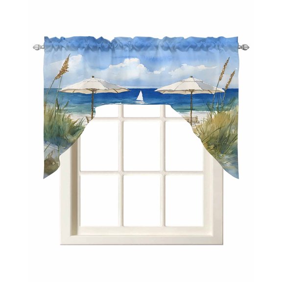 Coastal Nautical Wave Swag Valances for Windows, Small Curtains Drapes, Ocean Oil Painting Beach Plant Kitchen Window Curtains Over Sink Window Treatment Valance for Bedroom/Bathroom 56"x36"