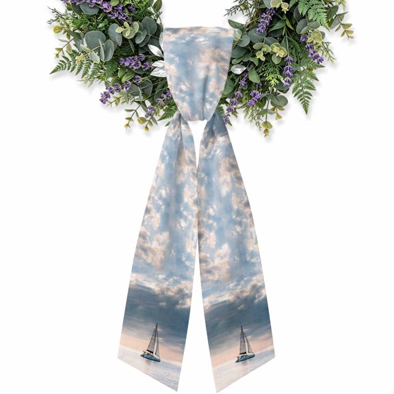 Coastal Nautical Wreath Sash for Front Door, Summer Sailing Boat OCean Waves Wreath Bow Holiday Garland Ribbon Wreath Accessories for Home Yard Porch Doorway Fall Christmas Decorations Gifts