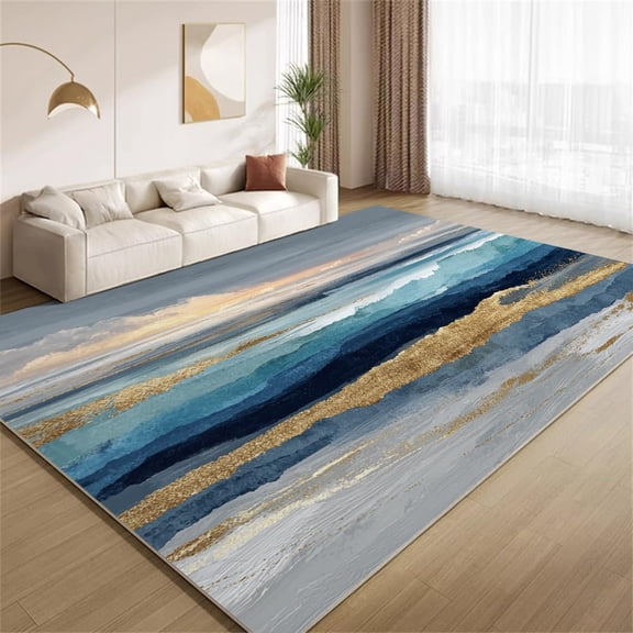 Coastal Navy Blue Area Rugs, Ocean Beach Wave Pattern Carpet, Washable Non Slip Low Pile Soft Rug for Living Room Bedroom Decor Mat 5x6ft