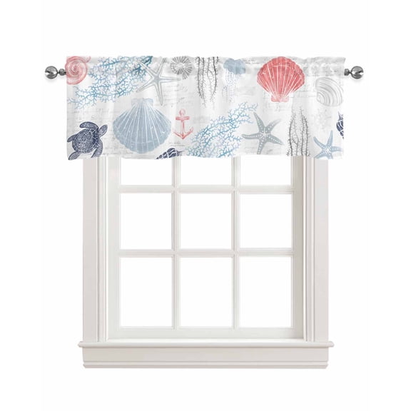 Coastal Navy Blue Linen Curtain Valance for Bedroom/Bathroom/Kitchen/Living/Dining Room Window,Coral Red Blue Nautical Anchor Seaweed Pocket Topper Drapes Decorative Cafe Drapery Panel 42"x12"