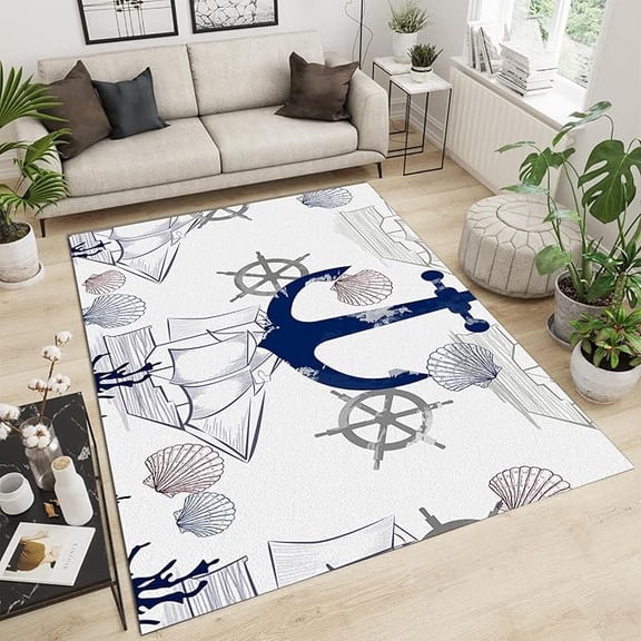 Coastal Navy Blue Nautical Anchor Area Rug, Ocean Starfish Shell Cartoon Print Indoor Non-Slip Kids Rugs, Washable Breathable Durable Carpet For Front Entrance Floor Decor 2' x 3'