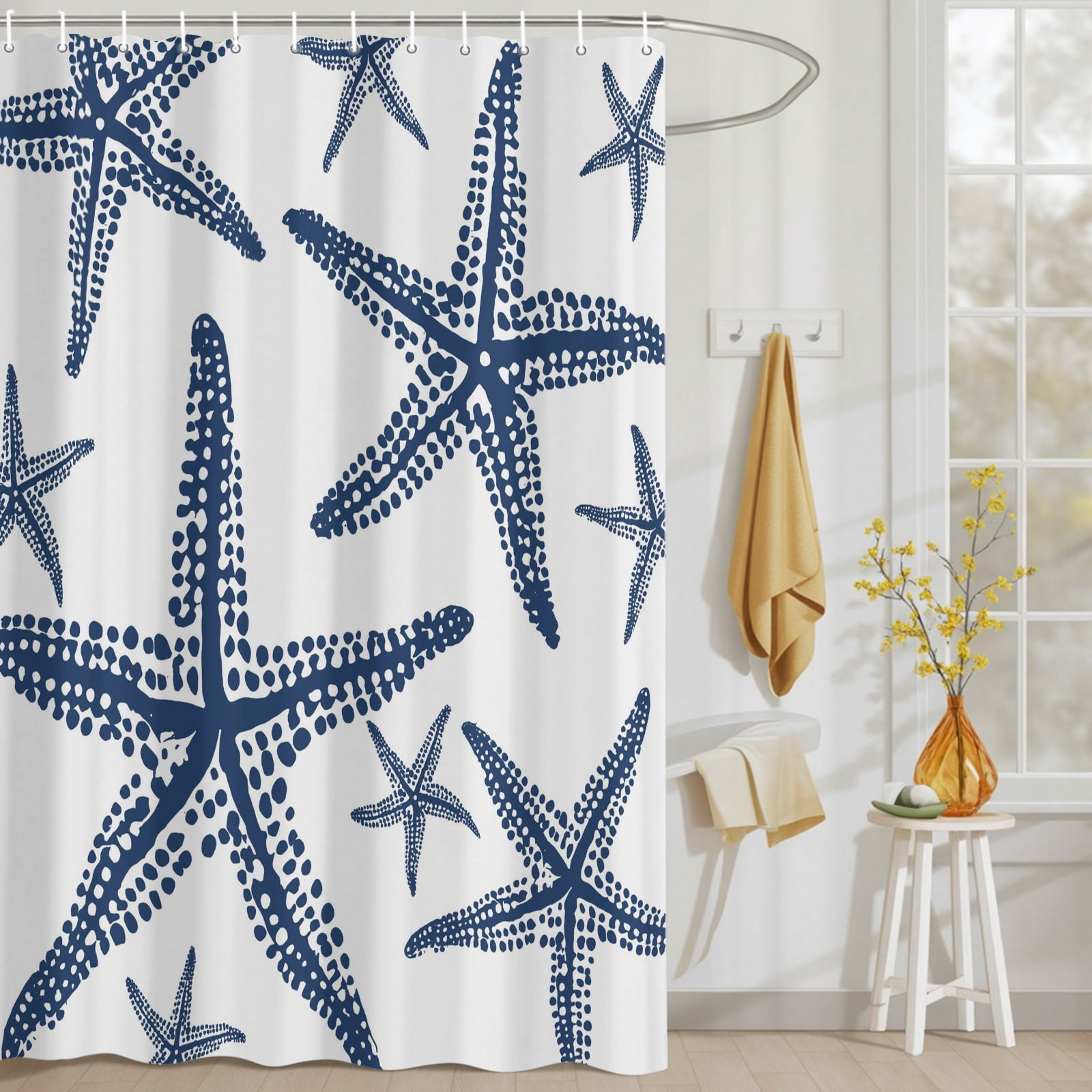 Coastal Navy Blue Ocean Starfish Shower Curtain Set, Waterproof Shower ...
