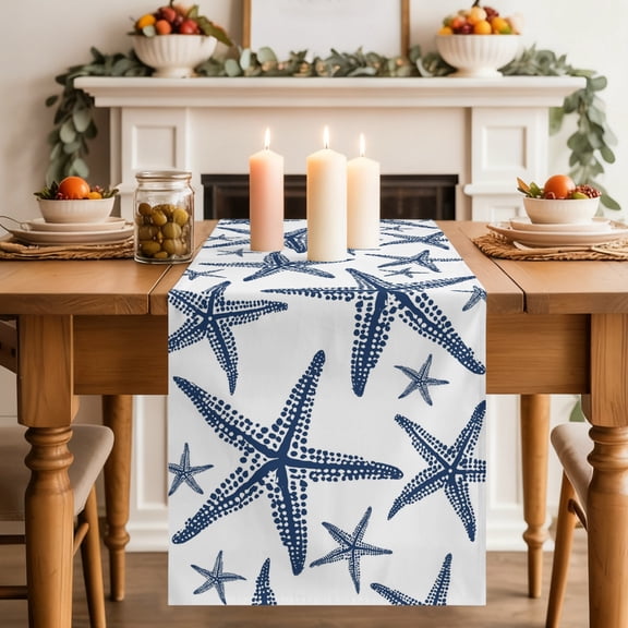 Coastal Navy Blue Starfish Table Runner 13x36 Inch Nautical Minimalist Ocean Summer Cotton Linen Dining Table Runner Ideal for Dresser Kitchen Coffee Tables - Machine Washable