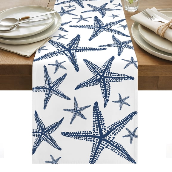 Coastal Navy Blue Starfish Table Runner, Nautical Minimalist Ocean Summer Cotton Linen Kitchen Dining Table Runner Cloth Dresser Scarf Decoration for Party Home Decor 13x36in