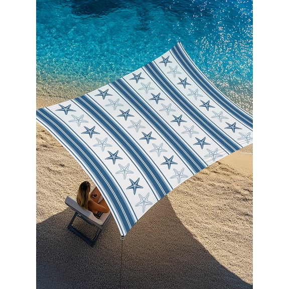 Coastal Navy Blue Stripes Sun Shade Sail 6.5' x 10', Starfish Minimalist Nautical Beach Summer Rectangle Outdoor Sunshade Canopy, Waterproof UV Block Patio Covers for Garden Yard Beach