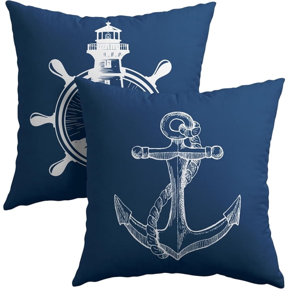 Coastal Navy Blue Throw Pillow Covers Set of 2 Nautical Anchor Lighthouse Decorative Pillow Cases Summer Ocean Theme Cushion Cover for Home Sofa Couch Bed Decor