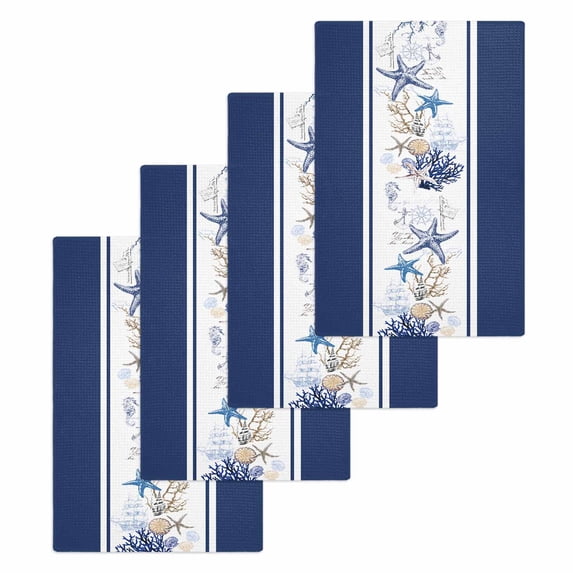 Coastal Navy Hand Towels Set, Waffle Weave Kitchen Towels 4 Pieces, Blue Starfish Coral Nautical Striped Microfiber Hair Face Bath Tea Towel Absorbent Quick Drying Cleaning Dish Cloths, 15.7"x23.6"