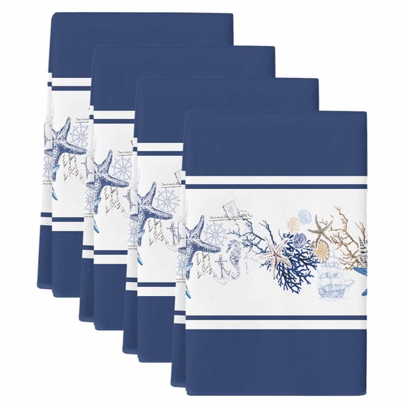 Coastal Navy Kitchen Towels Set of 4, Absorbent Microfiber Dish Tea Towels with Hanging Loop, Blue Starfish Coral Nautical Striped Resuable Hand Towel for Home Kitchen Cooking Cleaning 18"x28"