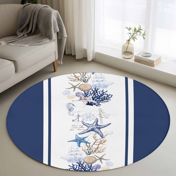Coastal Navy Round Area Rug 4 FT, Non Slip Indoor Outdoor Rug, Blue Starfish Coral Nautical Striped Washable Soft Circular Carpet Non-Shedding Floor Mat for Coffee Table Nursery Foyer Balcony