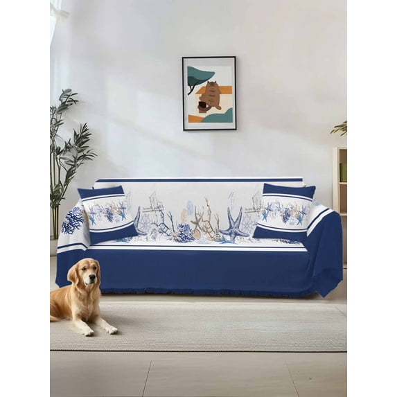 Coastal Navy Sofa Covers for 2-3 Cushion Couch L-Shaped Sectional, Blue Starfish Coral Nautical Striped Washable Sofa Covers Slipcover for Living Room Furniture, Couch Cover Blanket 71"x134"