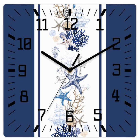 Coastal Navy Wooden Wall Clock Silent Non Ticking, Blue Starfish Coral Nautical Striped Square Wall Clocks Battery Operated, Decor Clock for Home Office, Living Room, Kitchen, 10 Inch