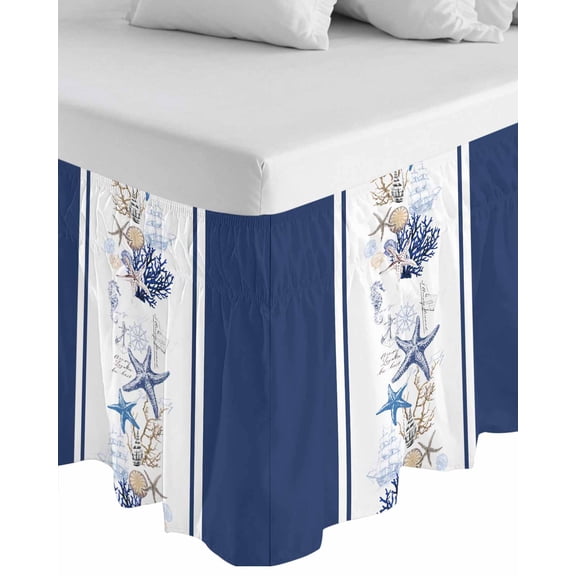 Coastal Navy Wrap Around Bed Skirts for King Bed 18" Drop, Bed Skirt with Adjustable Elastic Belt Dust Ruffle Bed Valance for Bedroom Hotel Luxury Blue Starfish Coral Nautical Striped Bed Frame Cover