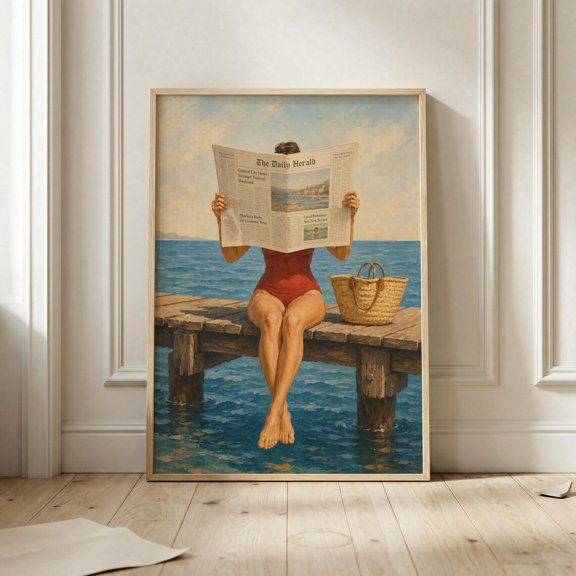 Coastal Newspaper Beach Reading Wall Art Print, Unframed Paper Poster 8x10in