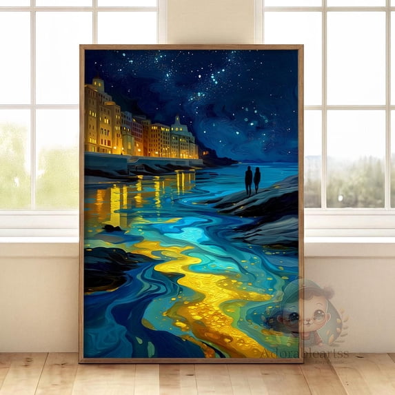 Coastal Night Cityscape , Impressionist Style , Seaside Romantic Scene ...