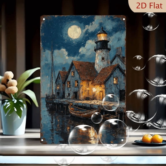 Coastal Night Lighthouse Art, 8x12 Inch Metal Wall Decor, Impressionist Moonlit Seaside Village with Boats and Pier, Rustic Red Roof Houses, Shimmering Water Reflections, Serene Nostalgic Home Office