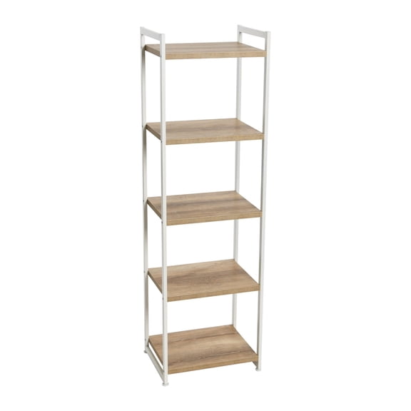 Coastal Oak 5-Shelf Narrow Open Storage Bookshelf With Wood-Look Shelves And White Metal Frame