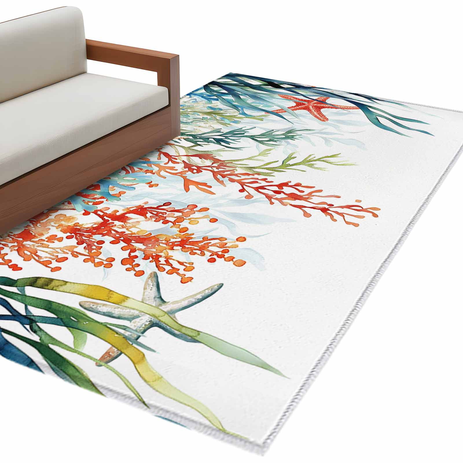 Coastal Ocean 3'x5' Washable Rug, Summer Beach Coral Starfish Seagrass ...
