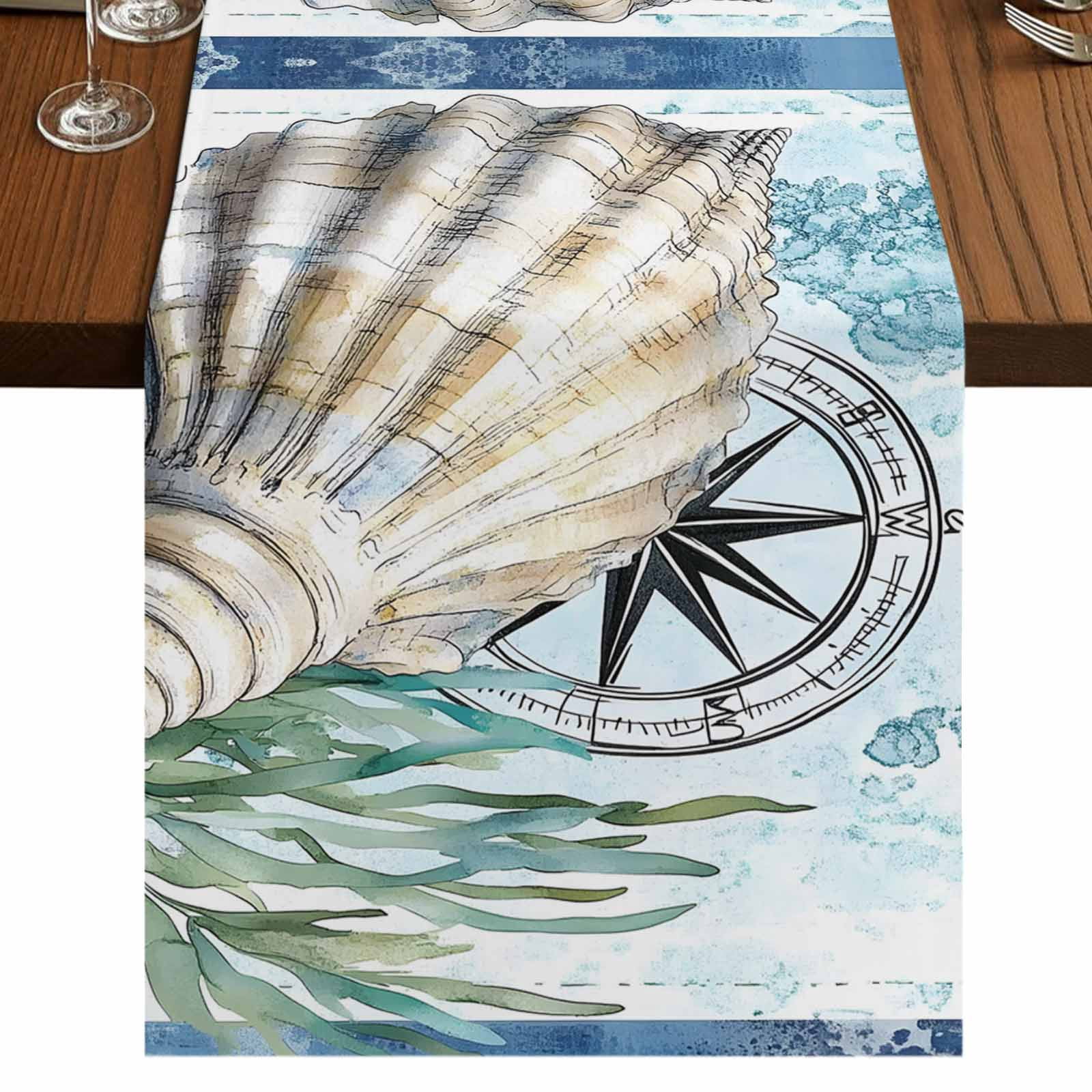 Coastal Ocean 36 Inch Table Runner, Summer Nautical Compass Shell ...